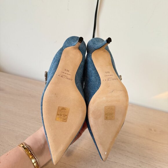 Jimmy Choo Bing 65 Mules Blue Denim Crystal Embellished Pointed Toe 36.5 - Picture 10 of 12